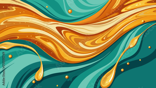 Abstract swirling waves of orange and teal liquid with droplets