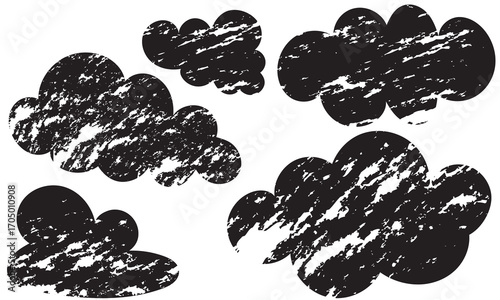 Grunge textured black cloud icon. Abstract grunge style black cloud silhouettes with rough texture, useful for weather icons, backgrounds, posters. Children drawing style clipart for childish design

