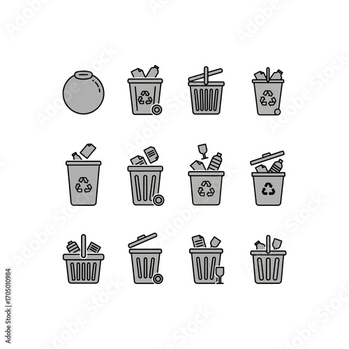 A collection of twelve vector icons depicting various trash cans, some empty and some overflowing with different types of waste, including recycling symbols.