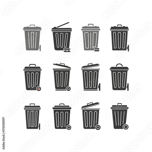 A collection of stylized, monochrome illustrations depicting various types of wheeled trash cans and waste bins, some with open lids, presented in a grid layout.
