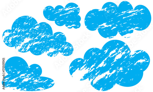 Grunge textured blue cloud icon. Abstract grunge style blue cloud silhouettes with rough texture, useful for weather icons, backgrounds, posters. Children drawing style clipart for childish design

