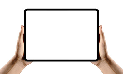 Hand Holding Tablet mockup with blank screen isolated on white background