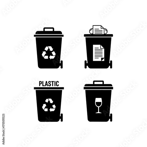 Four black silhouette icons depicting different types of waste bins, including general waste, paper recycling, plastic recycling, and glass recycling, each w...