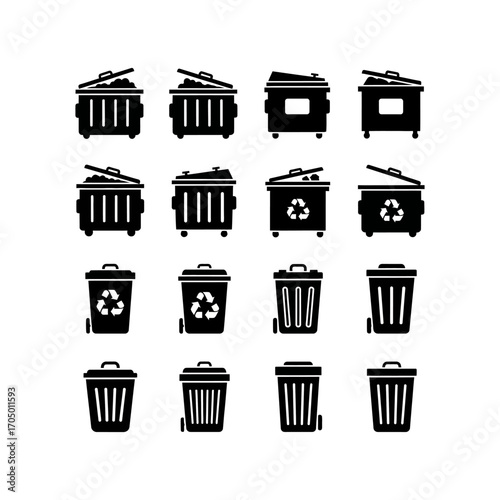 A collection of black and white vector icons depicting various styles of trash cans and recycling bins, illustrating waste management and disposal options.