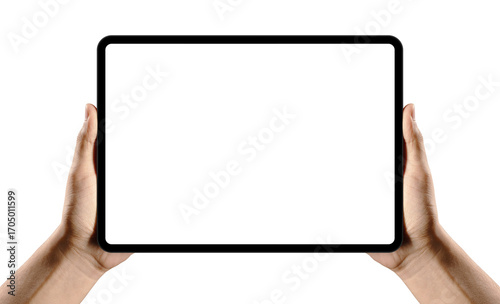 hands holding tablet mockup with blank screen isolated on transparent white background. Hand holding tablet display mockup