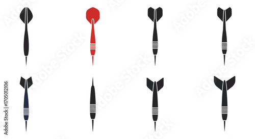 a collection of darts with various colors and designs