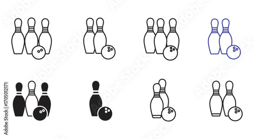 various bowling pins setups with balls hitting them