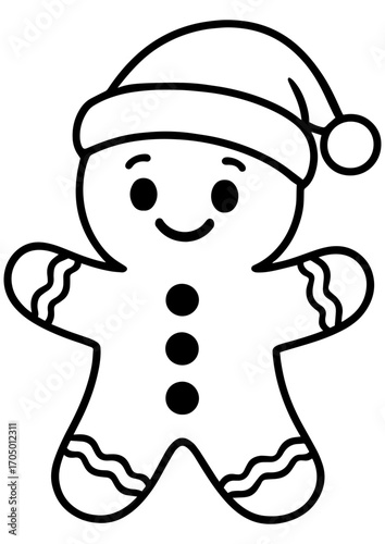 Black and white vector gingerbread man with buttons and Santa hat, perfect for engraving, engrave laser, holiday prints, and Christmas decor