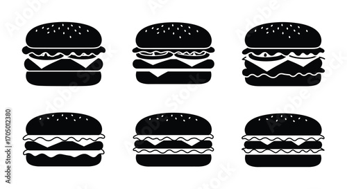 six black burgers neatly arranged in two rows