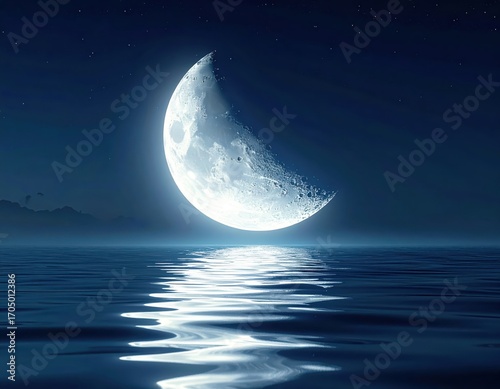 A serene nighttime scene, featuring a crescent moon reflecting on a calm sea, bathed in soft moonlight.