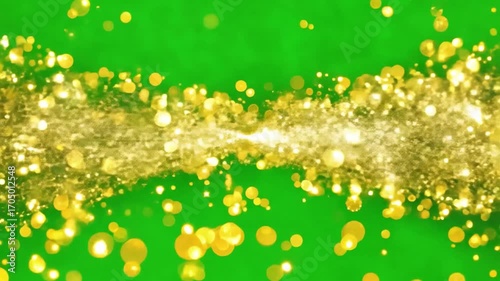 Golden Glitter Explosion: A vibrant and energetic display of golden glitter particles exploding against a rich green backdrop, creating a magical and celebratory atmosphere.