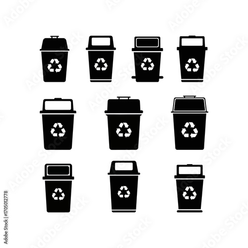 Collection of black silhouette icons depicting various trash cans with the recycling symbol on a white background.