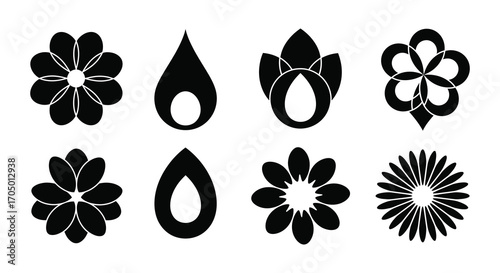 various floral and water drop symbols arranged neatly
