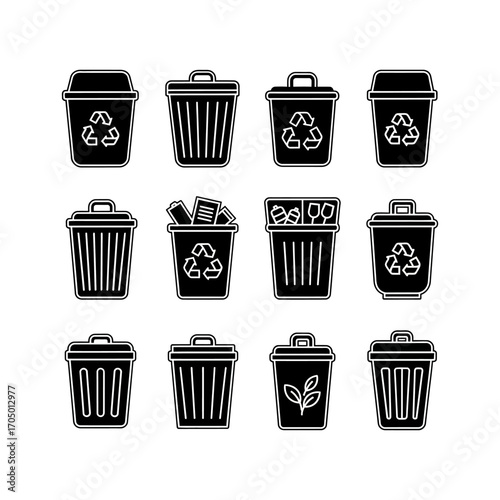Collection of black and white recycling bins, various types and contents.