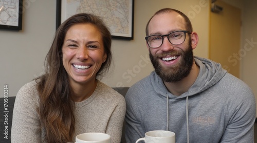 Couple enjoying warm beverages while smiling in cozy indoor setting with light-toned decor