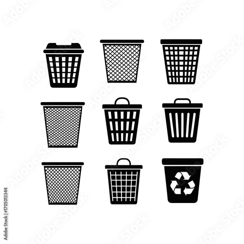 Collection of various black and white trash can icons, representing waste disposal.