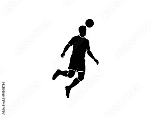 : Black vector silhouette icon of a football player heading the ball while jumping. Minimal flat design isolated on white background. Ideal for sports branding, apps, posters, and event graphics.