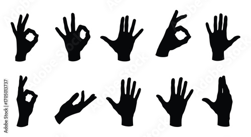 various hand gestures shown in black silhouettes