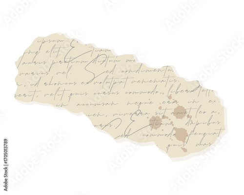 Scrap of old paper with Lorem ipsum text and coffee or wine stains, for decoration, scrapbooking, collages. Vintage decor element.