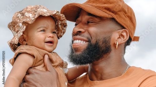Joyful father holds smiling infant daughter on a sunny day outdoors in casual attire
