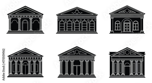 six classical building facades showcasing architectural styles