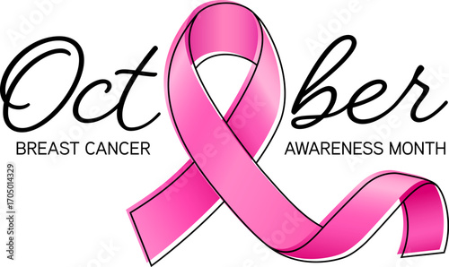 October lettering design with pink ribbon. Breast Cancer Awareness Month Campaign. For poster, banner and t-shirt. Vector Illustration.