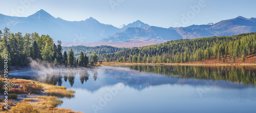 Mountain lake on an autumn morning, sunny weather, forest shores, panoramic view	