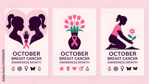 Breast cancer awareness month october with pink ribbon symbol, women silhouette, flowers, and awareness icons on pink background
