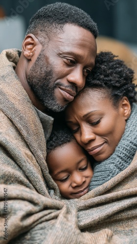 Family enjoys a warm embrace outdoors during a chilly evening in a cozy setting
