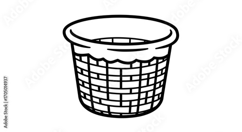Illustration of a wicker basket with a white liner, black and white drawing.