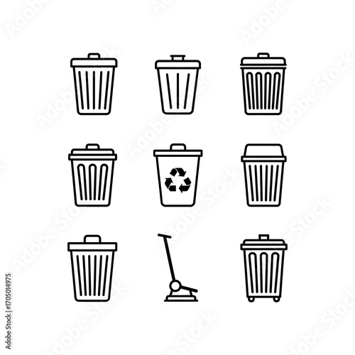 Collection of various outlined trash cans, including a recycling bin and a trash can with a wheeled dolly.