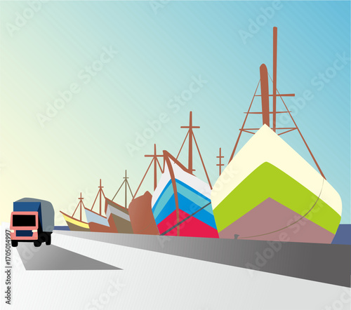 Vector illustration of colorful traditional wooden ships docked at Sunda Kelapa or Tanjung Priok harbor in Jakarta with a truck passing by on the pier