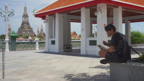 solo travel with asian man chilling see city life in bangkok thailand in summer season