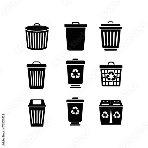 Collection of nine diverse trash can and recycling bin icons.