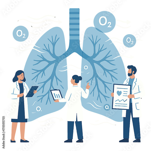 Medical team analyzing human respiratory system diagram in laboratory