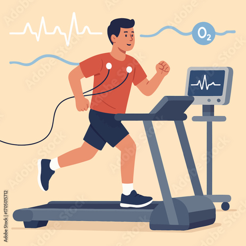 Man exercising on treadmill with heart rate monitor in flat design