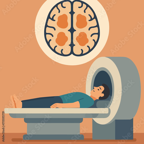 Mri scan procedure with brain diagram in modern flat design