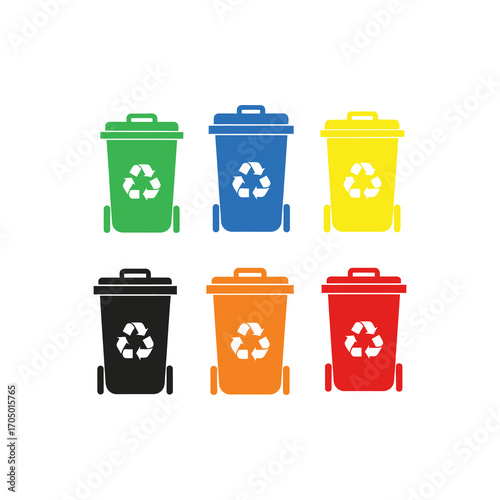 Six colorful wheelie bins with recycling symbols, illustrating waste disposal options.