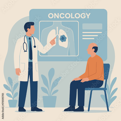 Doctor explains lung cancer diagnosis to patient in oncology clinic