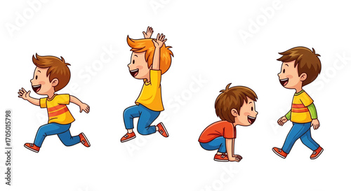 Set of a cartoon boy in different action poses like running jumping and walking for a character animation sheet.
