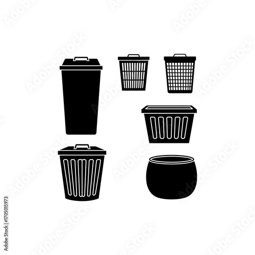 A collection of six black silhouette icons showing various household bins, including trash cans and laundry baskets.