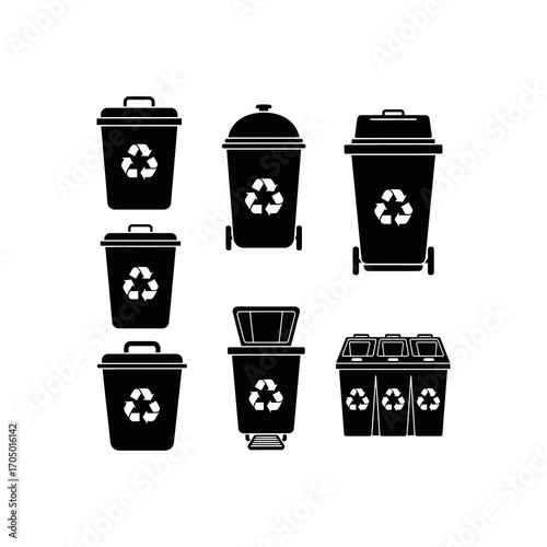 A collection of various black silhouette icons representing different types of trash and recycling bins with the universal recycling symbol prominently displayed.