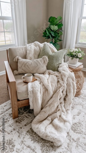 Cozy living room corner with soft blanket and pillows in a bright, inviting space during the afternoon