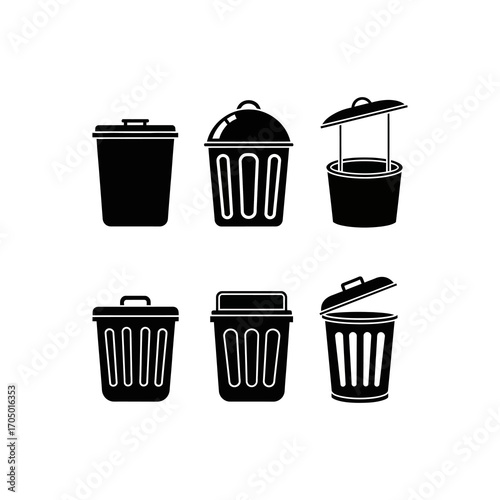Six simple black silhouette trash can icons, various lid positions.