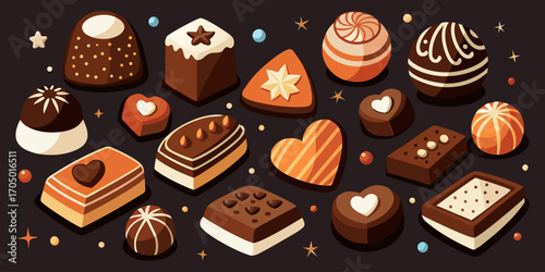 A visually rich and elegant assortment of gourmet chocolates arranged on a dark surface. The chocolates are of various shapes—hearts, stars, domes, and squares—and are decorated with intricate pattern