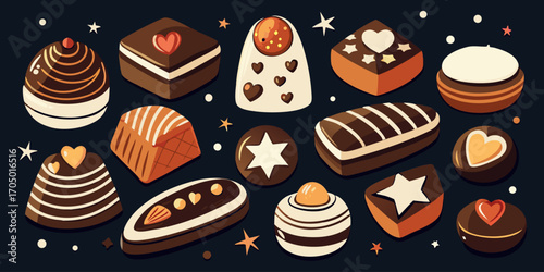 A visually rich and elegant assortment of gourmet chocolates arranged on a dark surface. The chocolates are of various shapes—hearts, stars, domes, and squares—and are decorated with intricate pattern