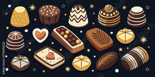A visually rich and elegant assortment of gourmet chocolates arranged on a dark surface. The chocolates are of various shapes—hearts, stars, domes, and squares—and are decorated with intricate pattern