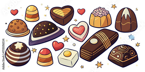 A visually rich and elegant assortment of gourmet chocolates arranged on a dark surface. The chocolates are of various shapes—hearts, stars, domes, and squares—and are decorated with intricate pattern