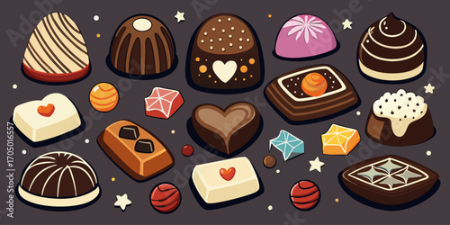 A visually rich and elegant assortment of gourmet chocolates arranged on a dark surface. The chocolates are of various shapes—hearts, stars, domes, and squares—and are decorated with intricate pattern