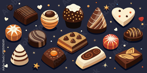 A visually rich and elegant assortment of gourmet chocolates arranged on a dark surface. The chocolates are of various shapes—hearts, stars, domes, and squares—and are decorated with intricate pattern